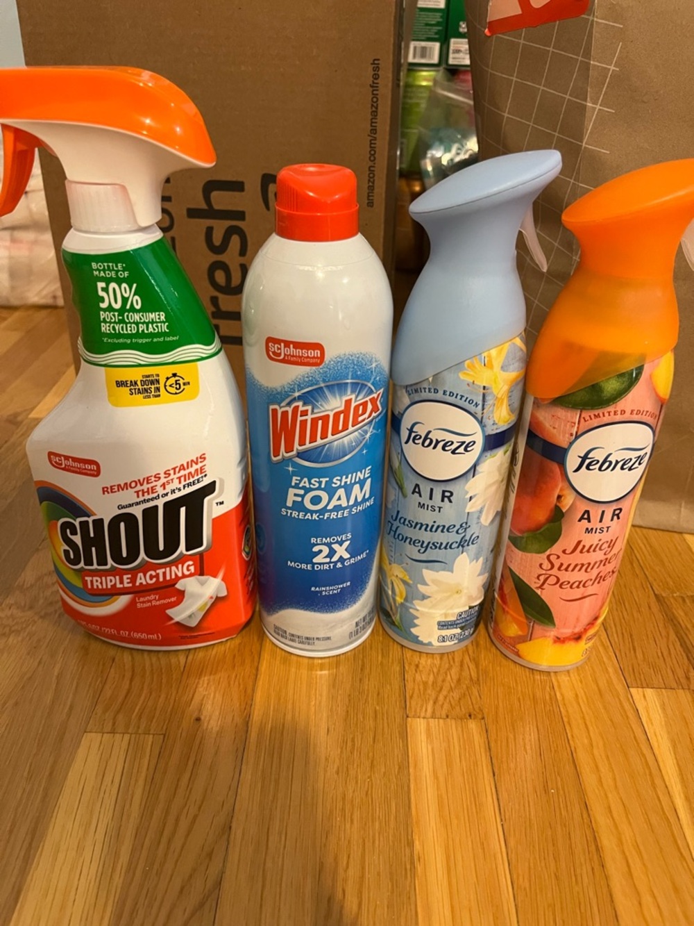 4pk Febreze, Shout stain cleaner , and windex glass cleaner Bundle (New)